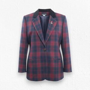 Vintage Red Green Tartan Velvet Collar Rose Broach Wool Blend Blazer Size 14